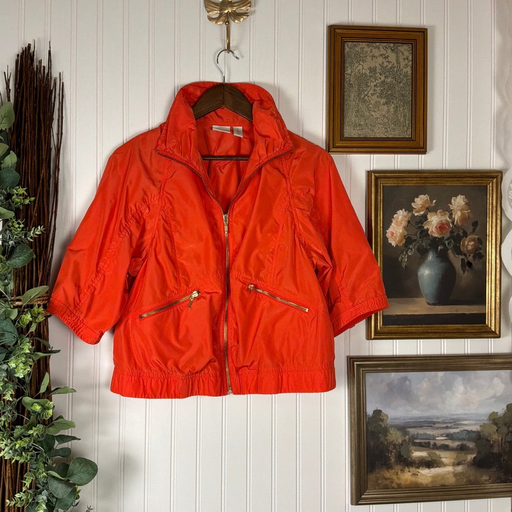 Chico's Zenergy Jacket Womens 1 Orange Excellent Full Zip 3/4 Sleeve Windbreaker